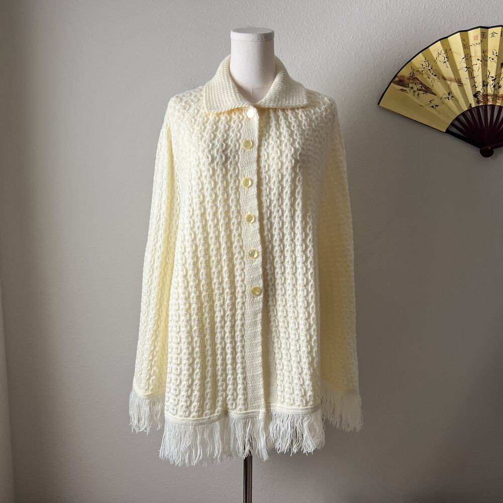 70s vintage cream ivory fringe knit boho americana cape poncho sweater cardigan
